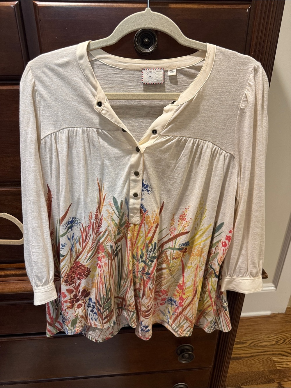 Anthropologie Cream Henley Blouse with Multicolor Meadow Print